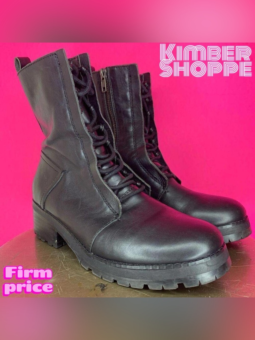 Kelsie Dagger Brooklyn Black Leather Lug Sole Lace Up Combat Boot US 6 UK 3.5